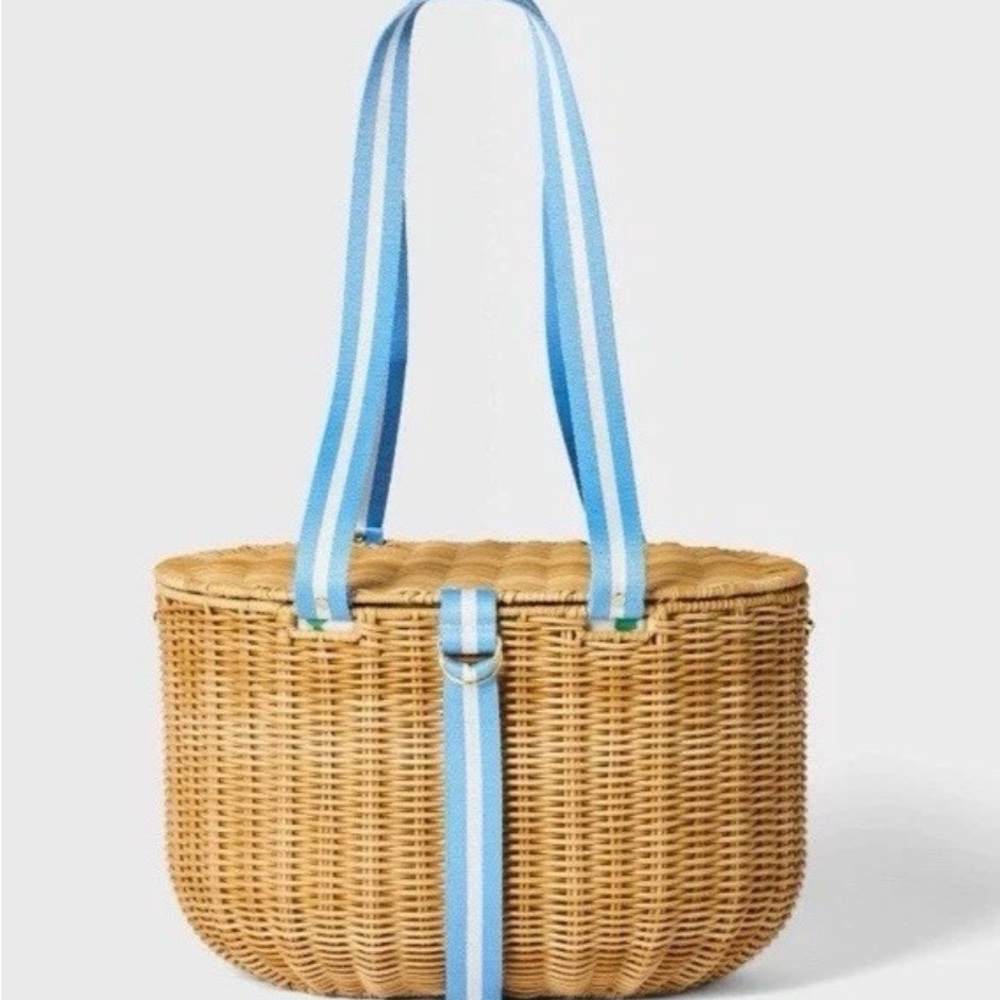 New Roller Rabbit very RARE Natural Woven Tote with Light Blue Striped Strap